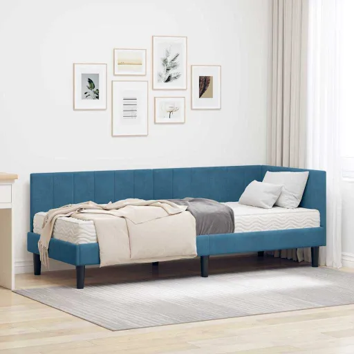 Estructura de Cama Esquina Con Colchón   Azul Terciopelo (2 pcs)