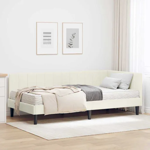 Estructura de Cama Esquina Con Colchón   Crema Terciopelo (2 pcs)
