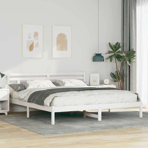 Estructura de Cama Con Cabecera Blanco Madera Maciza de Pino