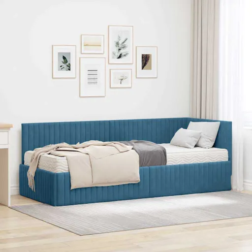 Estructura de Cama Esquina Con Colchón   Azul Terciopelo (2 pcs)