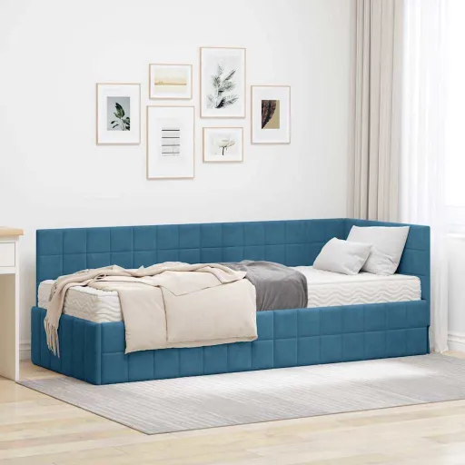 Estructura de Cama Esquina Con Colchón   Azul Terciopelo (2 pcs)