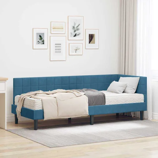 Estructura de Cama Esquina Con Colchón   Azul Terciopelo (2 pcs)