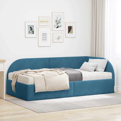 Estructura de Cama Esquina Con Colchón   Azul Terciopelo (2 pcs)