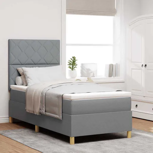 Cama Tipo Box Spring Con Colchón Gris Claro 90 x 200 cm Tela