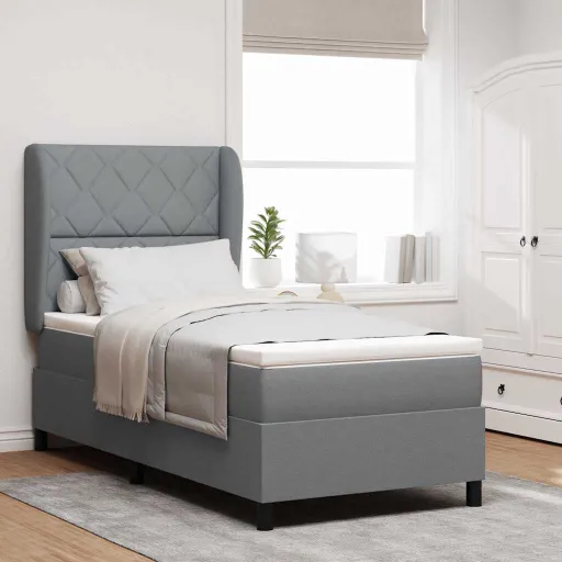 Cama Tipo Box Spring Con Colchón Gris Claro 90 x 190 cm Tela