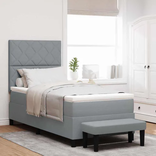 Cama Tipo Box Spring Con Colchón Gris Claro 90 x 200 cm Tela
