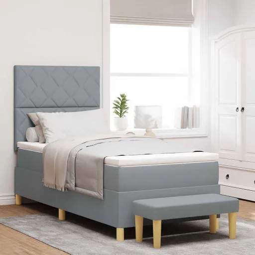 Cama Tipo Box Spring Con Colchón Gris Claro 90 x 190 cm Tela
