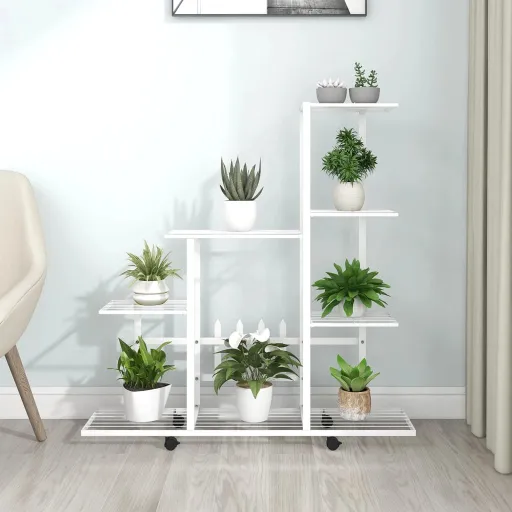 Soporte de Flores Con Rueda de Metal Blanco 94,5x25x92,5 cm