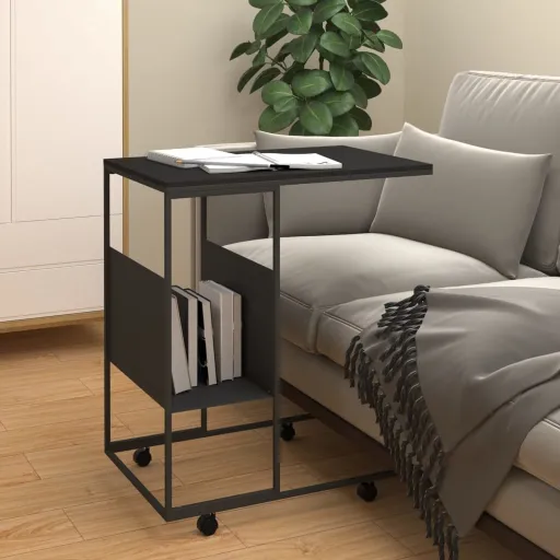 Mesa Auxiliar Con Ruedas Madera Ingeniería Negra 55x36x63,5 cm