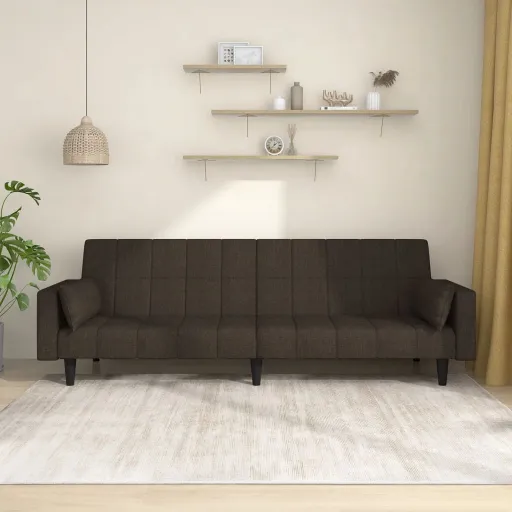 Sofá Cama de 2 Plazas Con Dos Almohadas Tela Marrón Oscuro