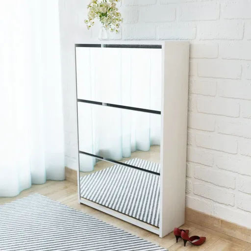 Mueble Zapatero 3 Niveles y Espejo Blanco 63x17x102,5 cm