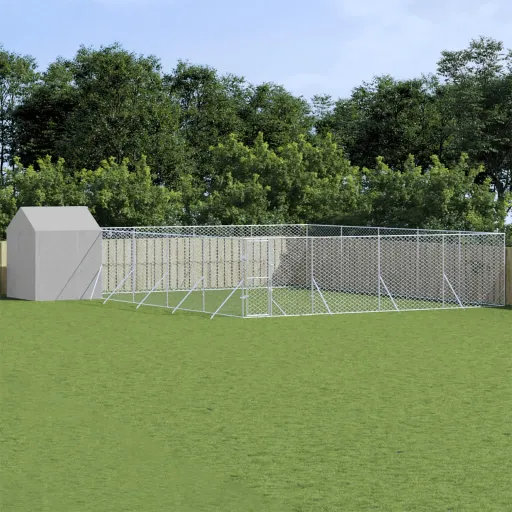 Perrera Exterior Con Techo Acero Galvanizado Plata 10x10x2,5 m