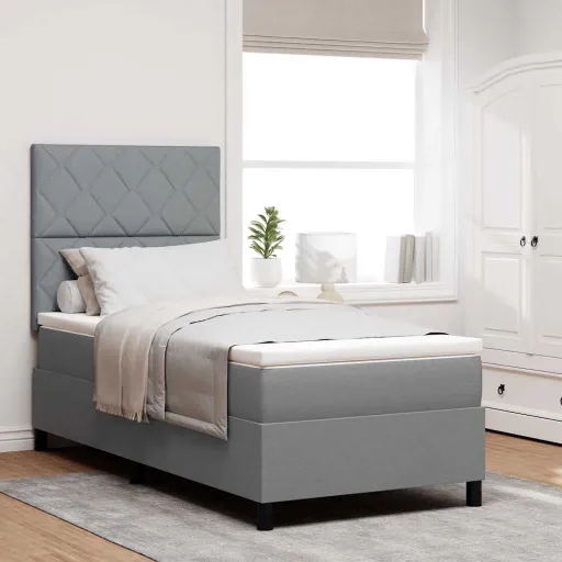 Cama Tipo Box Spring Con Colchón Gris Claro 90 x 190 cm Tela
