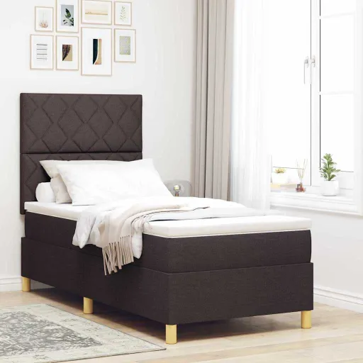 Cama Box Spring LED Con Colchón Marrón Oscuro 90 x 200 cm Tela
