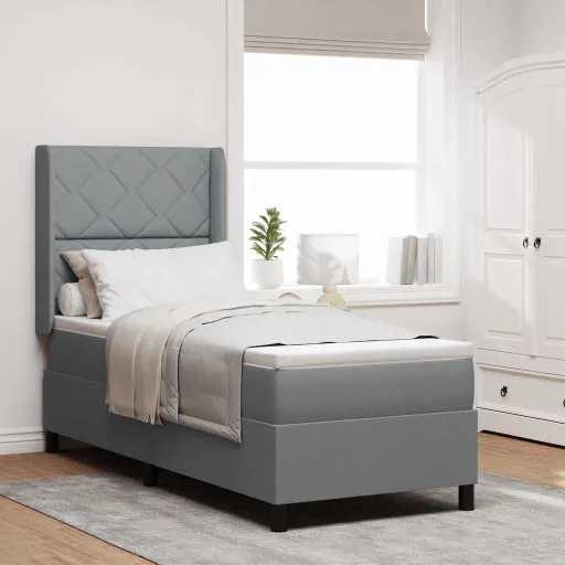 Cama Box Spring LED Con Colchón Gris Claro 90 x 190 cm Tela