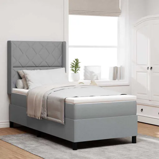 Cama Box Spring LED Con Colchón Gris Claro 90 x 200 cm Tela