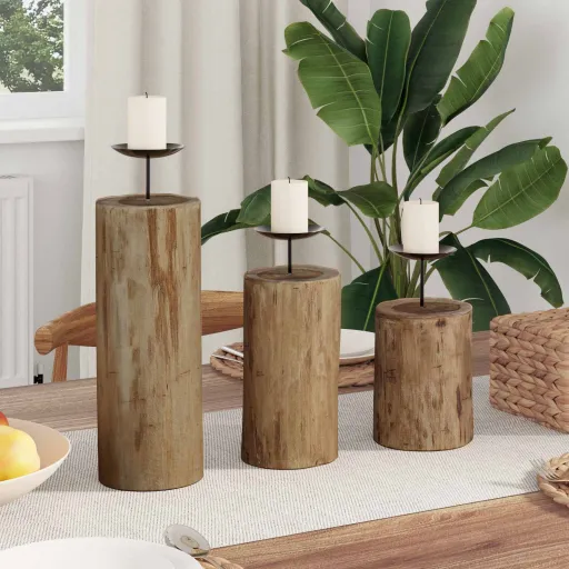 Porta Velas   Natural Madera Maciza de Teca (3 pcs)