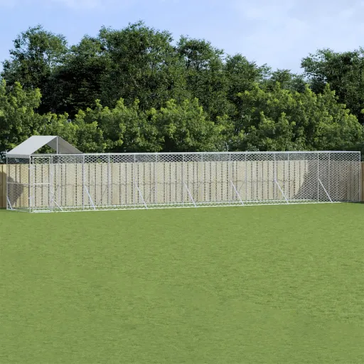 Perrera de Exterior Con Techo Acero Galvanizado Plata 14x2x2,5m