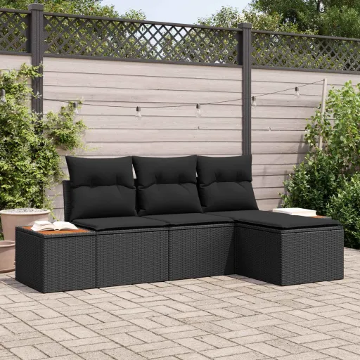 Conjunto de Sofá de Jardín   Negro Rattan de Poliéster (4 pcs)