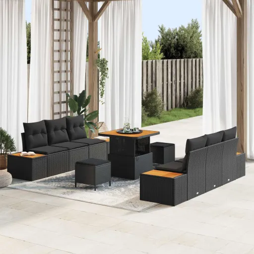 Conjunto de Sofás de Jardín   Negro Ratán Sintético (9 pcs)