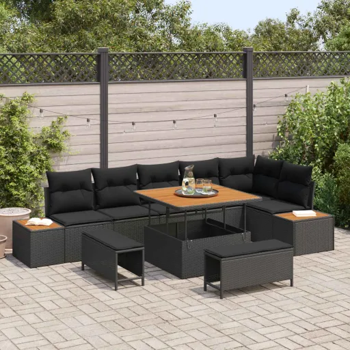 Conjunto de Sofás de Jardín   Negro Ratán Sintético (9 pcs)