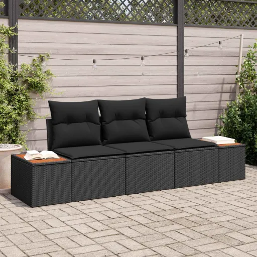 Conjunto de Sofá de Jardín Con Cojín   Negro Poliratán (3 pcs)