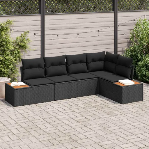 Conjunto de Sofá de Jardín Con Cojín   Negro Poliratán (5 pcs)