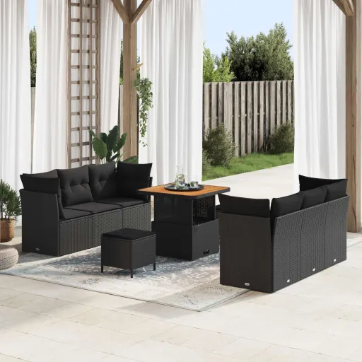 Conjunto de Sofá de Jardín   Negro Ratán Sintético (9 pcs)