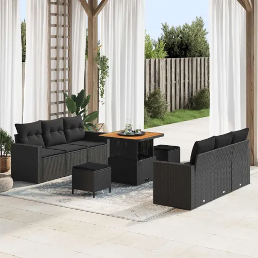 Conjunto de Sofá de Jardín   Negro Ratán Sintético (9 pcs)