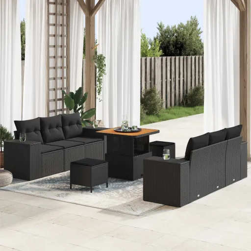 Conjunto de Sofá de Jardín Con Cojín   Negro Poliratán (9 pcs)