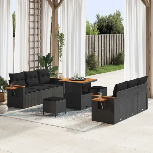 Conjunto de Sofás de Jardín Con Cojín   Negro (9 pcs)
