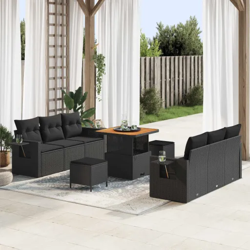 Conjunto de Sofá de Jardín Con Cojín Manual   Negro (9 pcs)