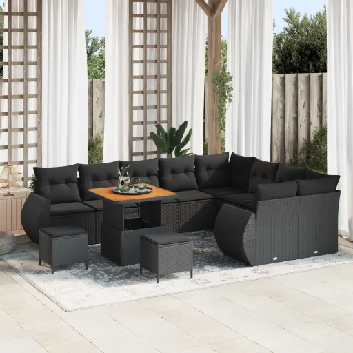 Conjunto de Sofá de Jardín   Negro Rattan de Poliéster (12 pcs)