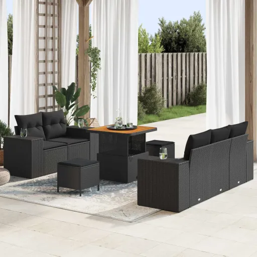 Conjunto de Sofá de Jardín   Negro Rattan de Poliéster (8 pcs)