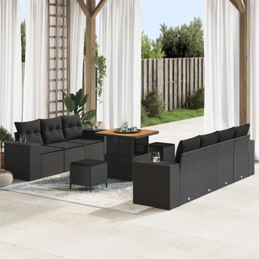 Conjunto de Sofá de Jardín   Negro Rattan de Poliéster (10 pcs)