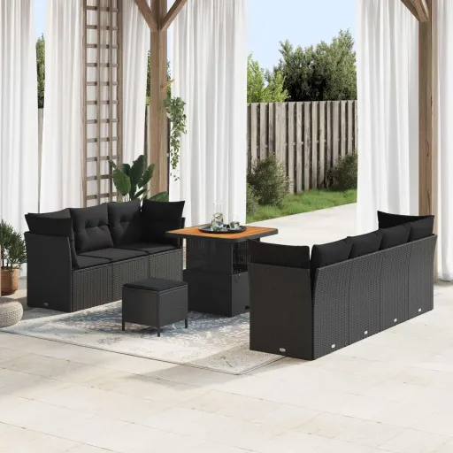 Conjunto de Sofá de Jardín Con Cojín Manual   Negro (10 pcs)
