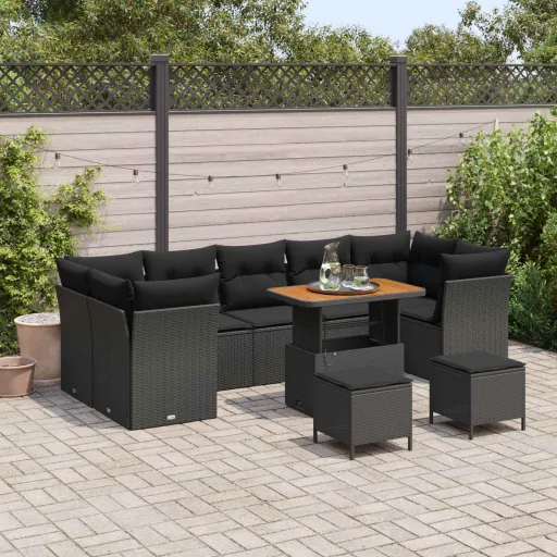 Conjunto de Sofá de Jardín Con Cojín Manual   Negro (10 pcs)