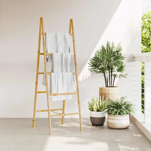 Escalera Toallero Doble Con 5 Peldaños Bambú 50x160 cm