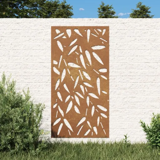 Adorno de Pared Jardín Acero Corten Diseño Hoja Bambú 105x55 cm