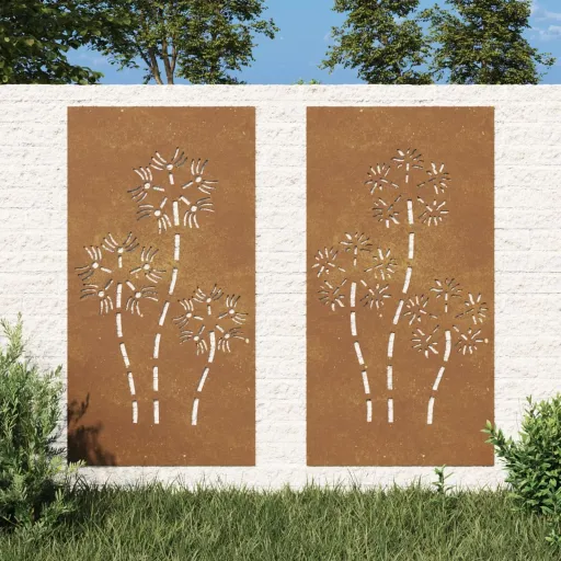 Adorno Pared Jardín 2 Uds Acero Corten Diseño Flores 105x55 cm
