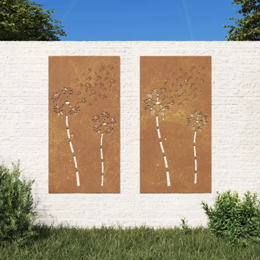 Adorno Pared Jardín 2 Uds Acero Corten Diseño Flores 105x55 cm