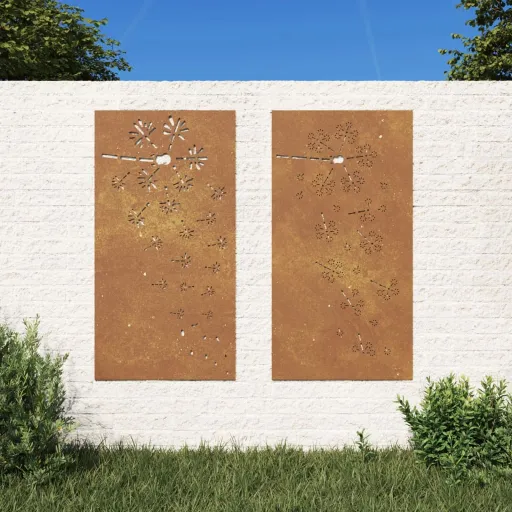 Adorno Pared Jardín 2 Uds Acero Corten Diseño Flores 105x55 cm