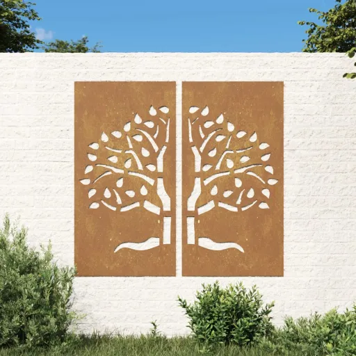 Adorno Pared Jardín 2 Uds Acero Corten Diseño Árbol 105x55 cm
