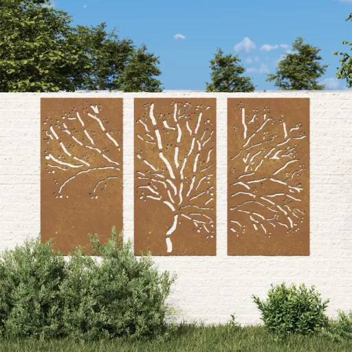 Adorno Pared Jardín 3 Pzas Acero Corten Diseño Árbol 105x55 cm