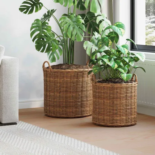 Cesta de Maceta Con Almacenamiento   Marrón Rattan Lacak (2 pcs)
