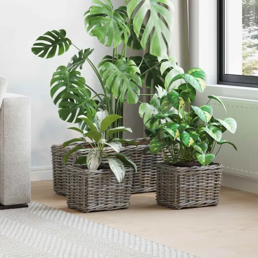 Cesta Para Plantas Con Almacenamiento   Gris Ratán Kubu (3 pcs)