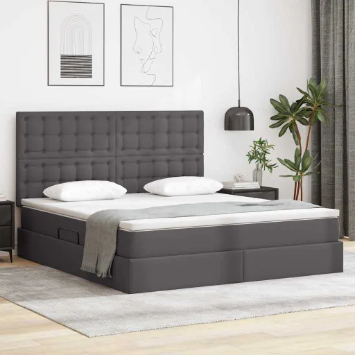 Cama Con Almacenamiento y LED Gris 160 x 200 cm Cuero Sintético