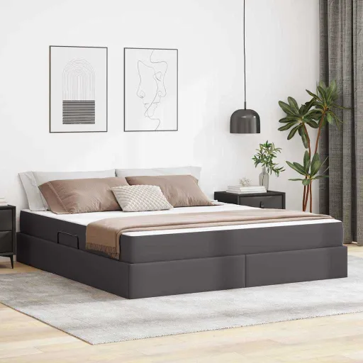 Cama Con Almacenamiento y Colchón Con Colchón   Gris Cuero (2 pcs)