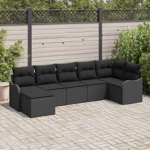 Conjunto de Sofá de Jardín Con Cojín   Negro Poliratán (7 pcs)