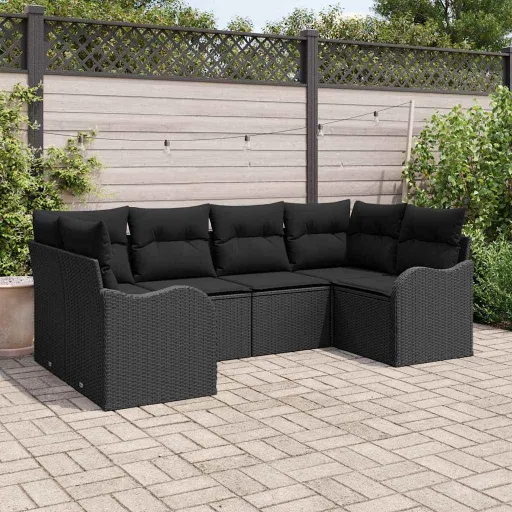 Conjunto de Sofá de Jardín Con Cojín   Negro Poliratán (6 pcs)